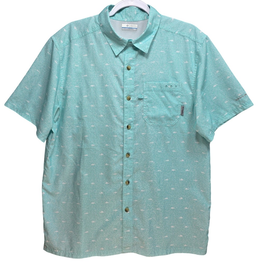 Columbia PFG Mens M All Over Fish Print Shirt Aqua Teal Omni Shade Vented